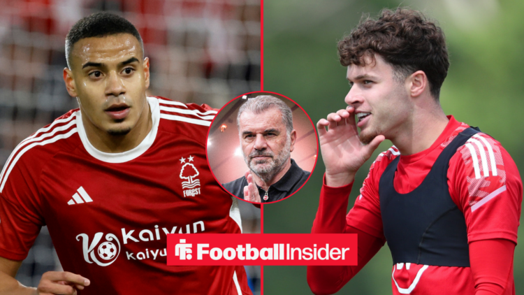 Murillo playing for Nottingham Forest with Neco Williams in training and Ange Postecoglou in a circular inset