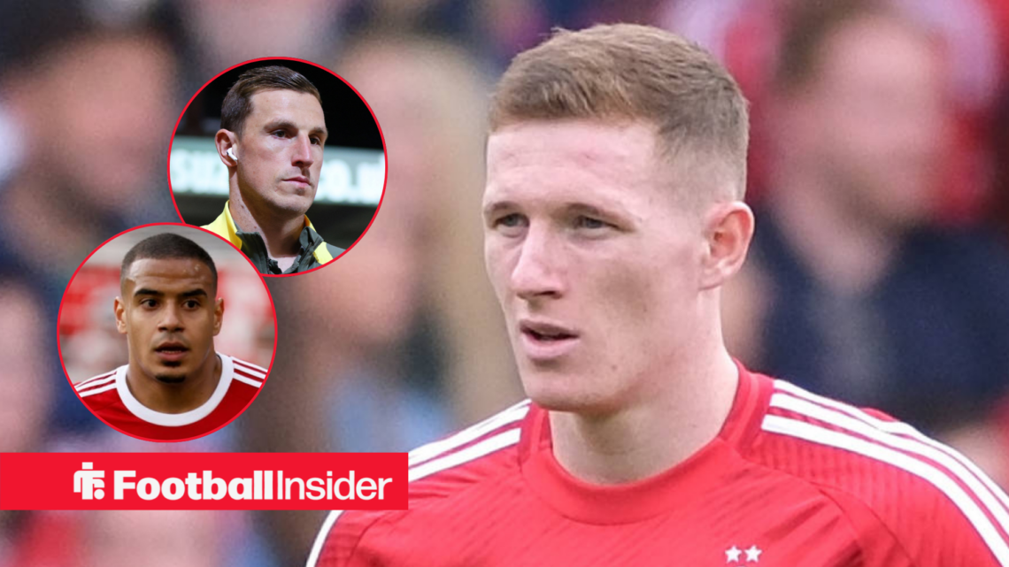 Elliot Anderson in action for Nottingham Forest with Murillo and Chris Wood in circular insets