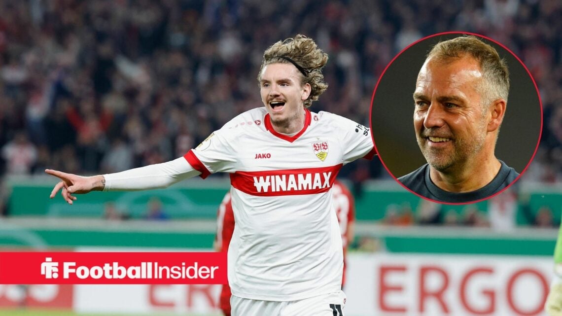 Nick Woltemade in action for Stuttgart with Hansi Flick inset
