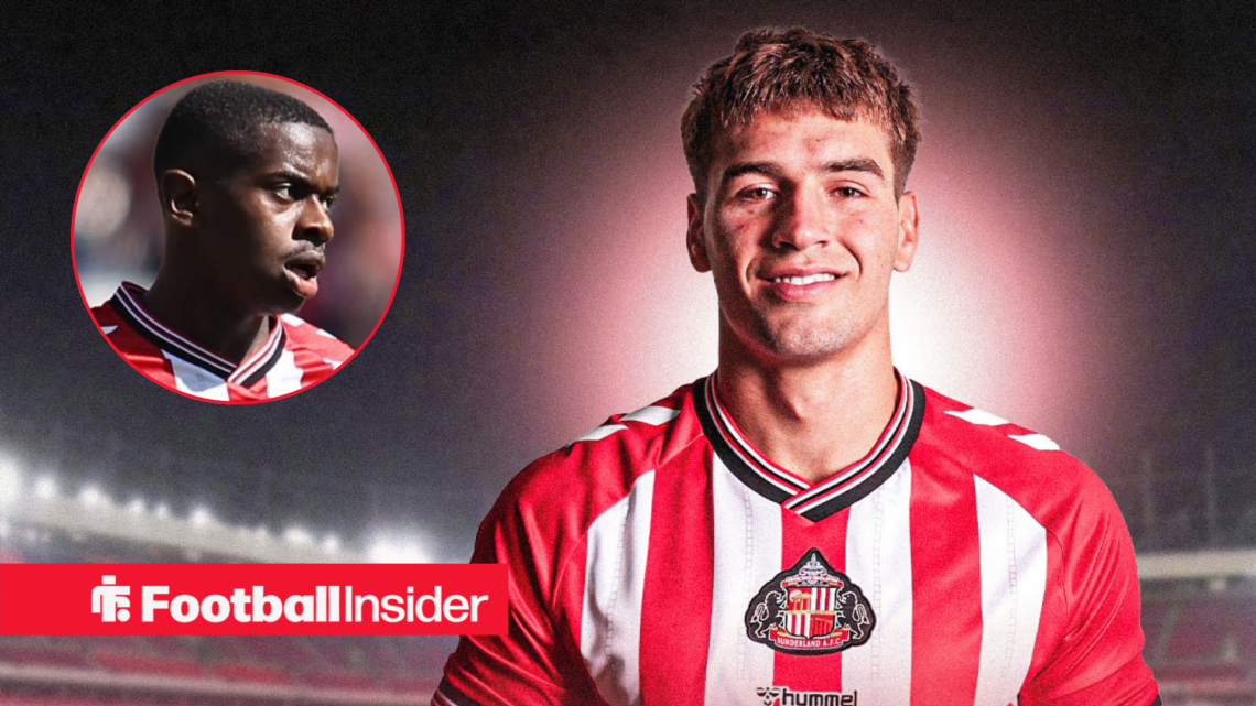 Marc Guiu in Sunderland home shirt with Noah Sadiki in a circular inset