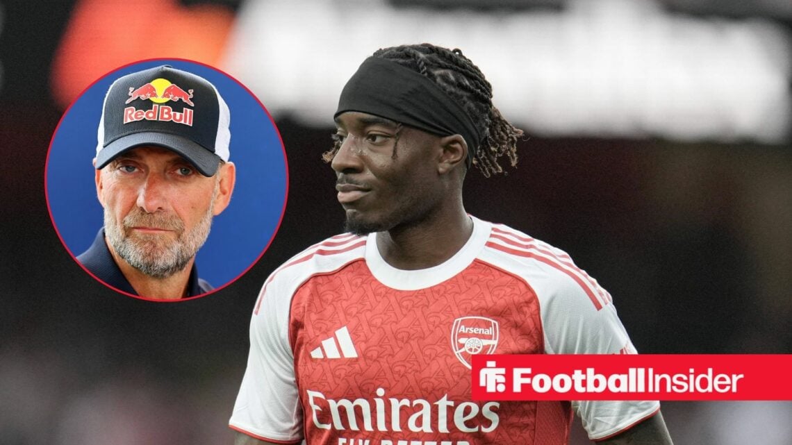 Arsenal winger Noni Madueke in action with Jurgen Klopp inset