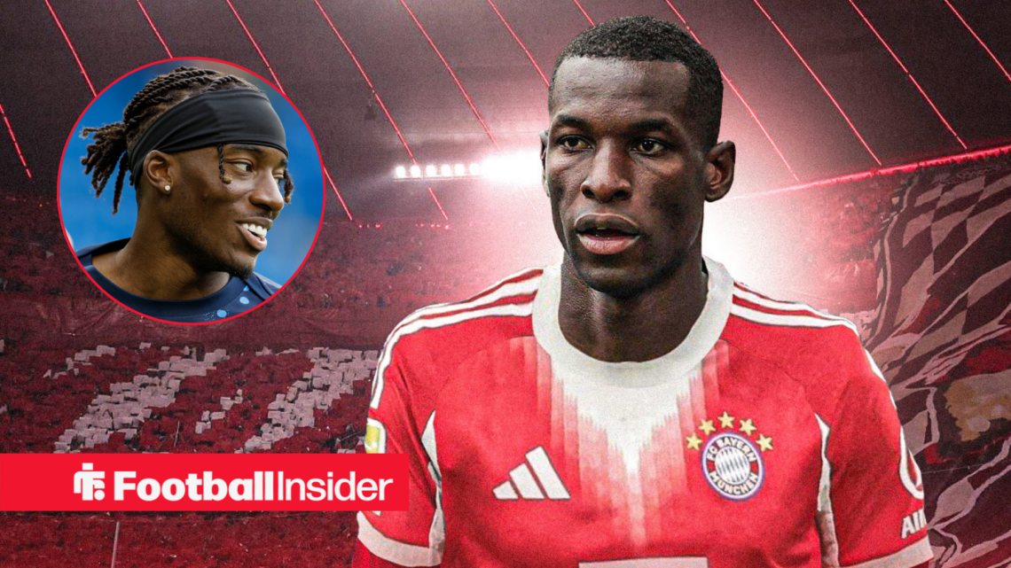 Nicolas Jackson in a Bayern Munich home kit with Noni Madueke in a circular inset