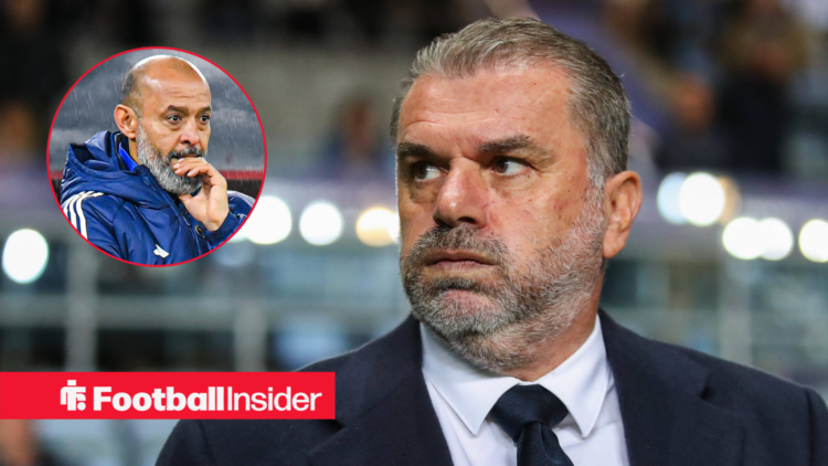 Ange Postecoglou looks on from the touchline with Nuno Espirito Santo in a circular inset