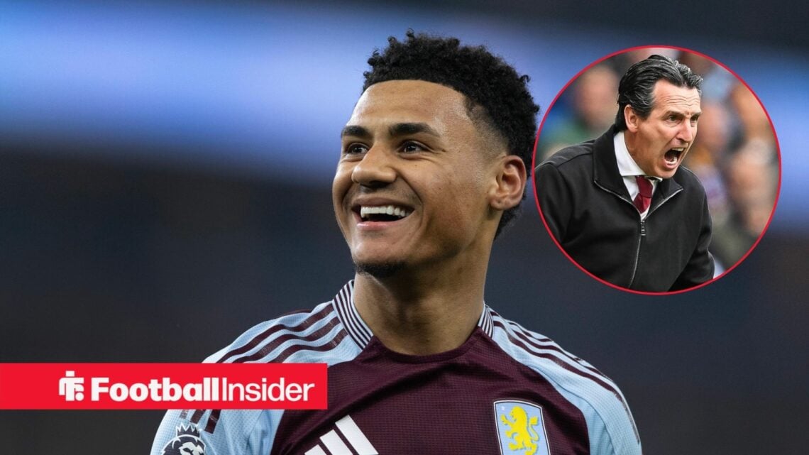 Ollie Watkins celebrates scoring for Aston Villa with angry Unai Emery inset