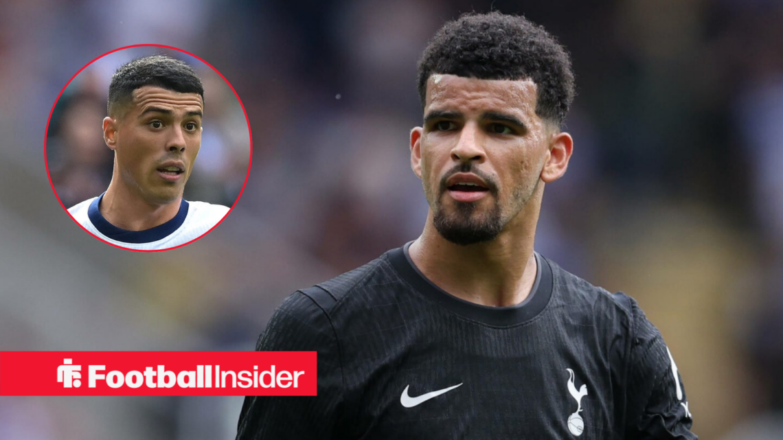 Dominic Solanke in action for Tottenham with Pedro Porro in a circular inset