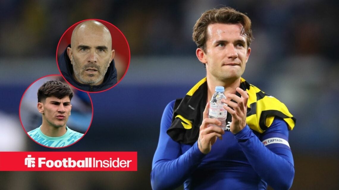 Ben Chilwell applauds Chelsea's fans with Mike Penders and Enzo Maresca in circular insets