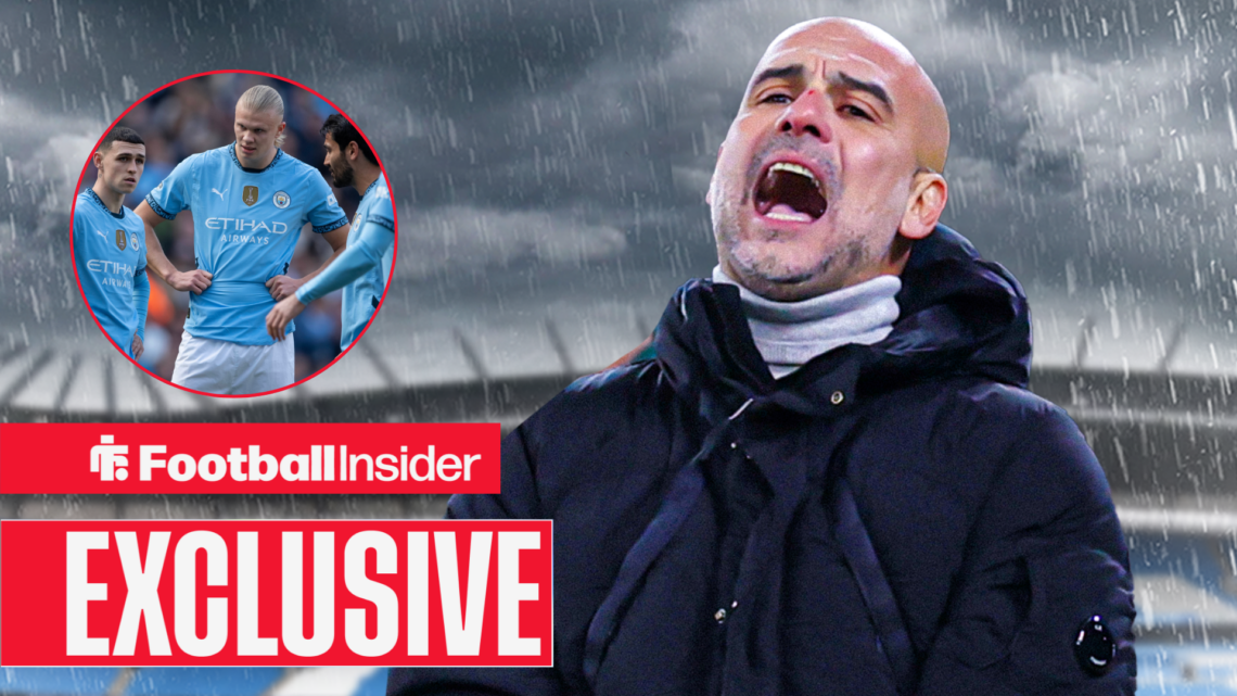 Pep Guardiola in the rain at the Etihad Stadium with Manchester City's players in a circular inset
