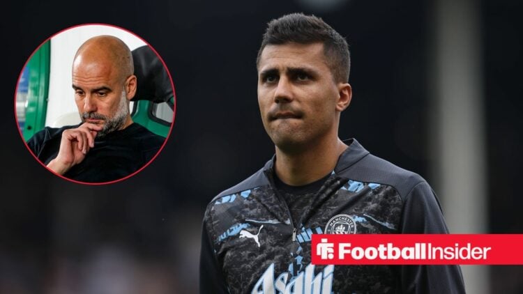 Rodri in Manchester City warm up kit with Pep Guardiola inset