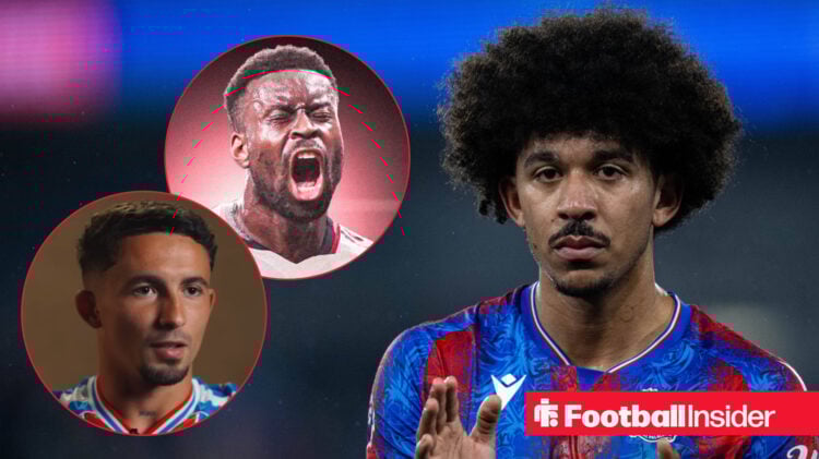 Chris Richards in action for Crystal Palace with Yeremy Pino and Marc Guehi in circular insets