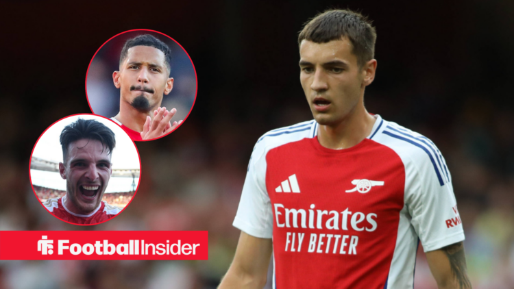 Jakub Kiwior in action for Arsenal with Declan Rice and William Saliba both in circular insets