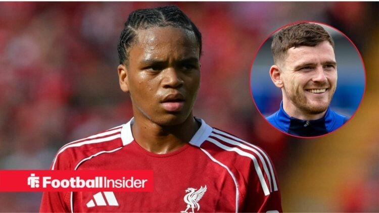 Rio Ngumoha in action for Liverpool with Andy Robertson inset