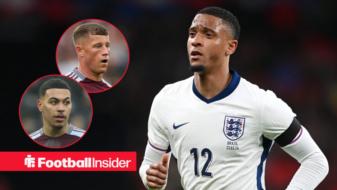 Ezri Konsa playing for England with Morgan Rogers and Ross Barkley included in circular insets