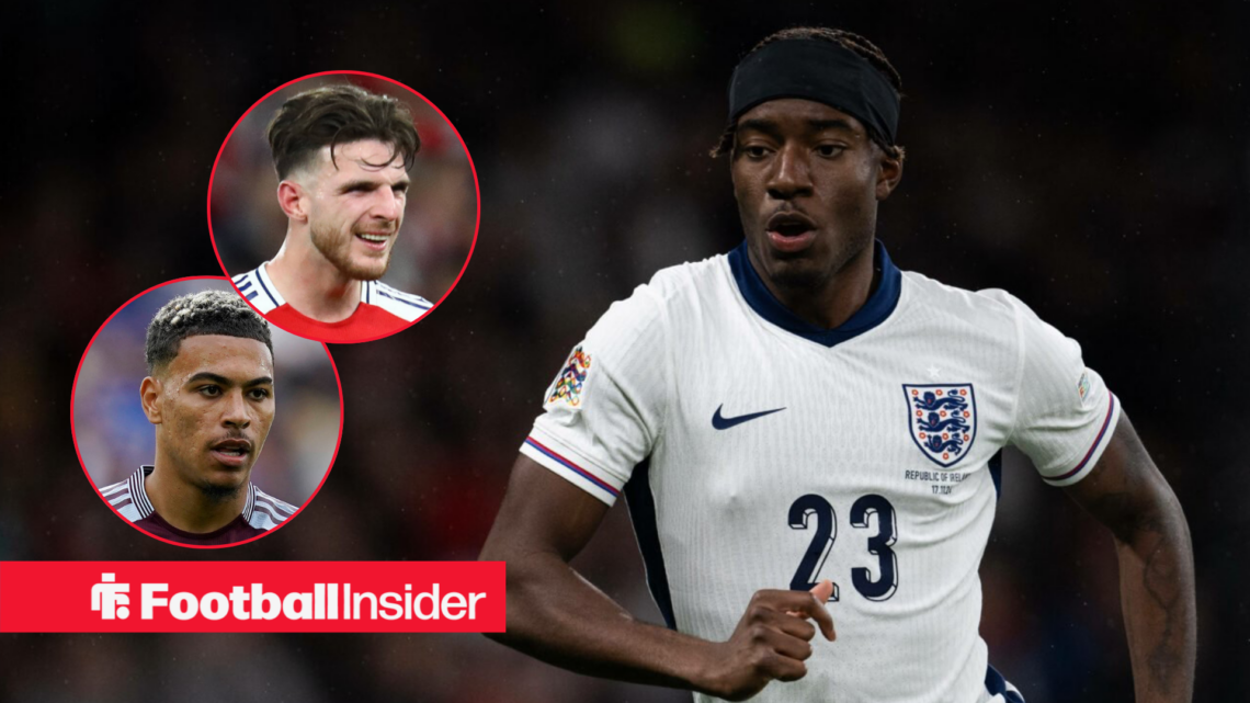 Noni Madueke in action for England with Morgan Rogers and Declan Rice included in circular insets