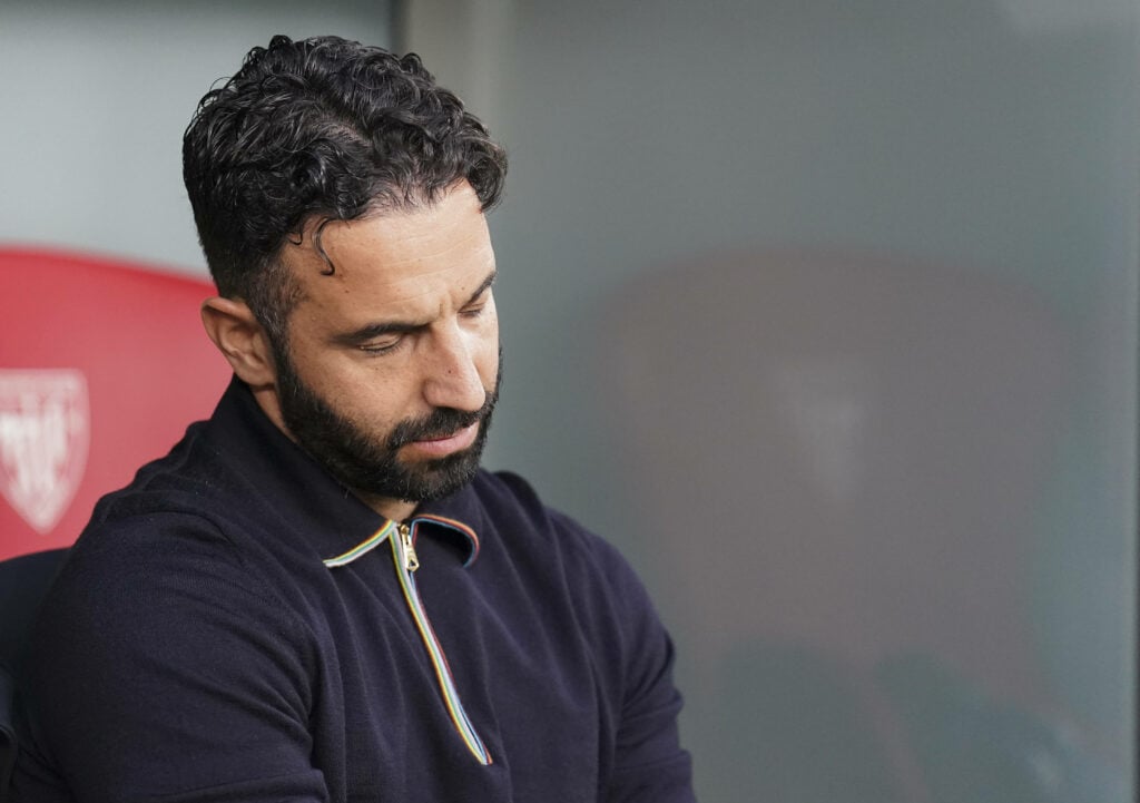 Ruben Amorim looks dejected on the Manchester United bench