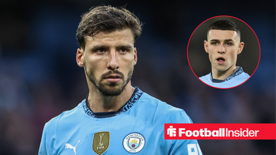 Ruben Dias playing for Manchester City with Phil Foden in a circular inset