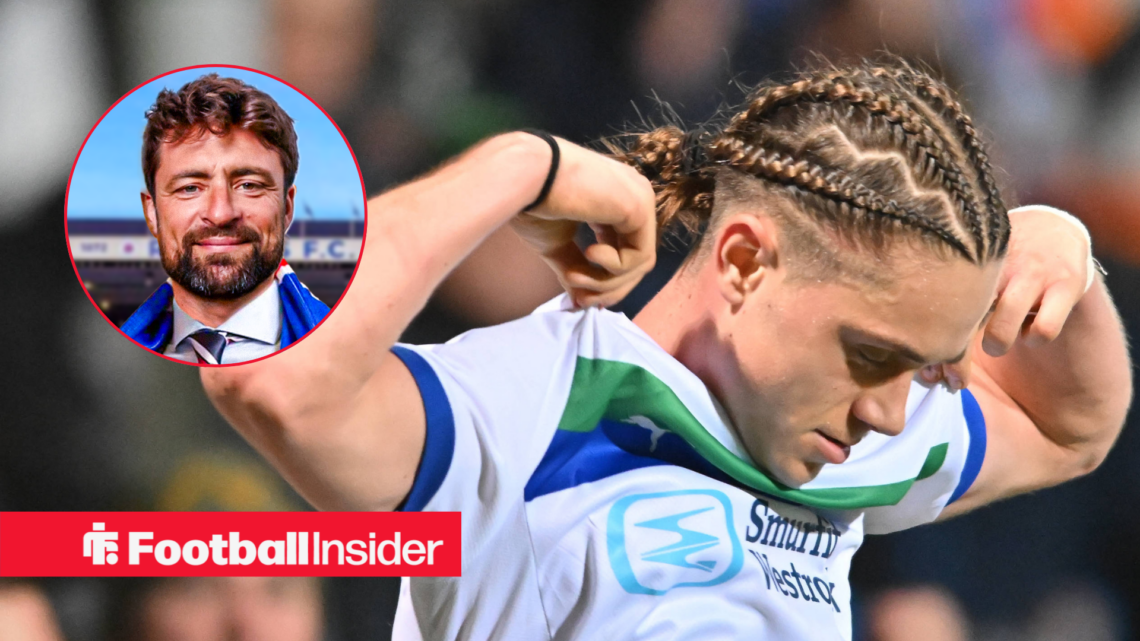 Thelo Aasgaard performs a goal celebration for Wigan Athletic with Russell Martin included in a circular inset