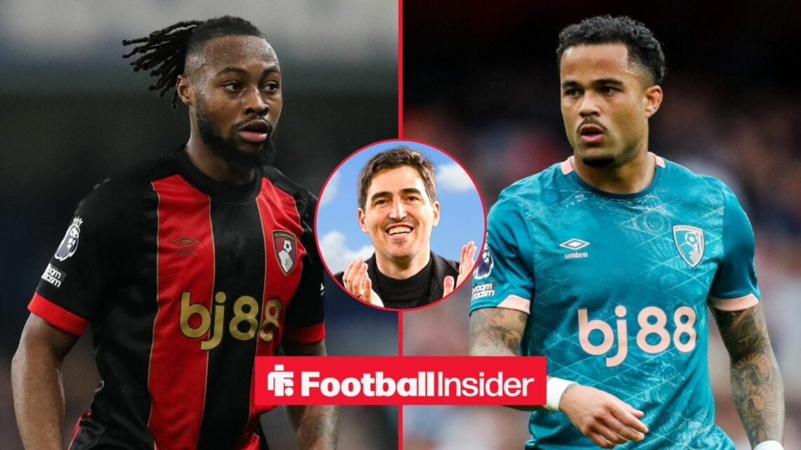 Antoine Semenyo and Justin Kluivert both in action for Bournemouth with Andoni Iraola in a circular inset
