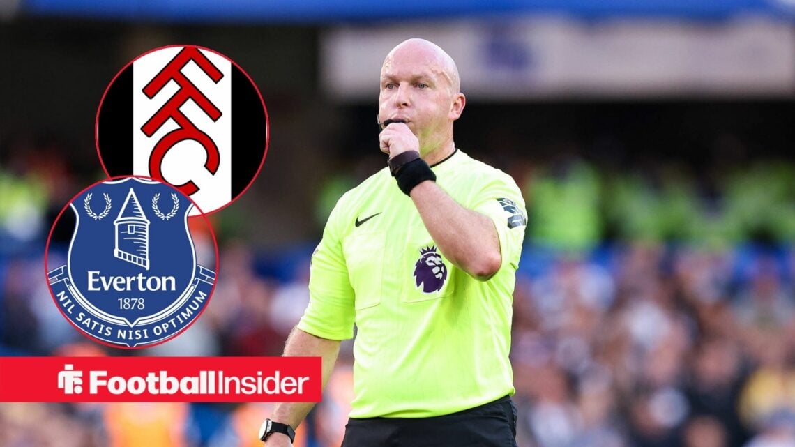 Premier League referee Simon Hooper blows his whistle with Everton and Fulham club badge insets