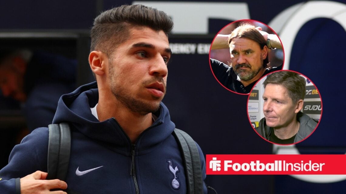Manor Solomon pre-match for Tottenham with Daniel Farke and Oliver Glasner in circular insets