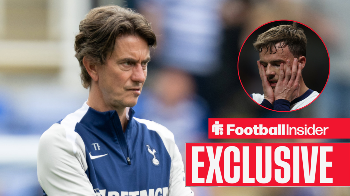 Thomas Frank on the touchliune for Tottenham with James Maddison in a circular inset