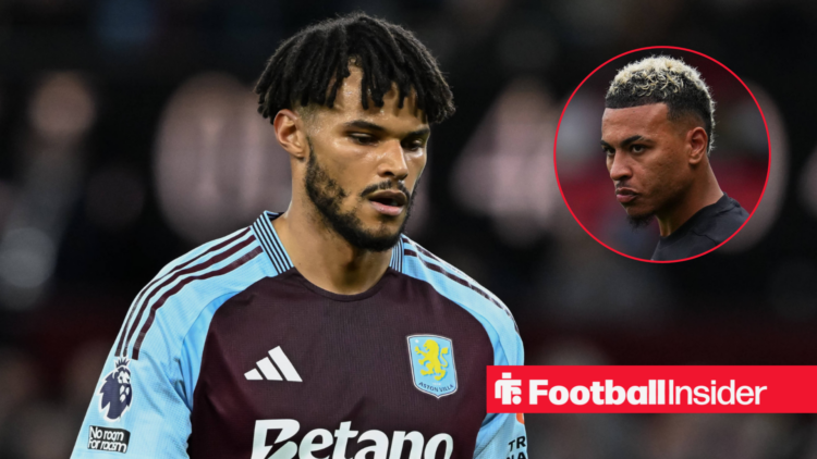 Tyrone Mings playing for Aston Villa with Morgan Rogers in a circular inset