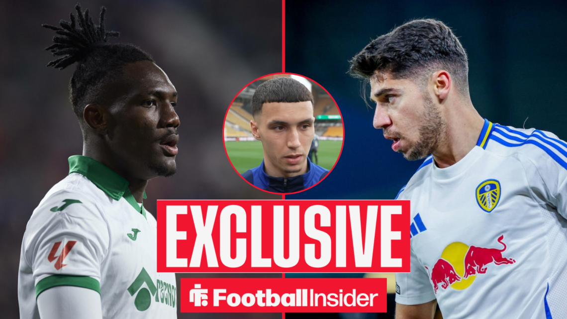 Christantus Uche and Manor Solomon in action for Getafe and Leeds United respectively with Bilal El Khannouss in a circular inset