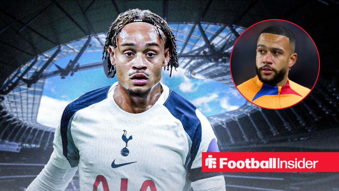 Xavi Simons in Tottenham's home kit with Memphis Depay in a circular inset