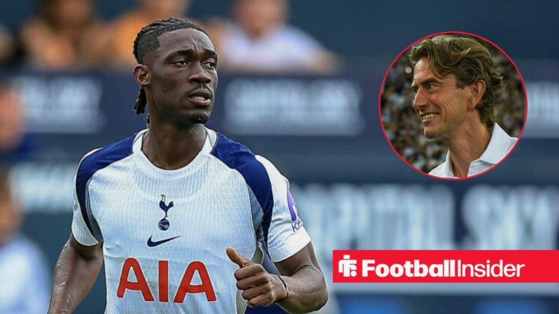 Yves Bissouma playing for Tottenham with Thomas Frank included in a circular inset