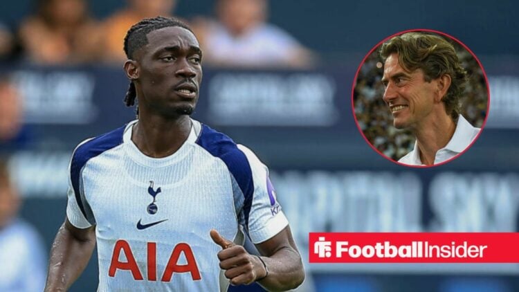 Yves Bissouma playing for Tottenham with Thomas Frank included in a circular inset
