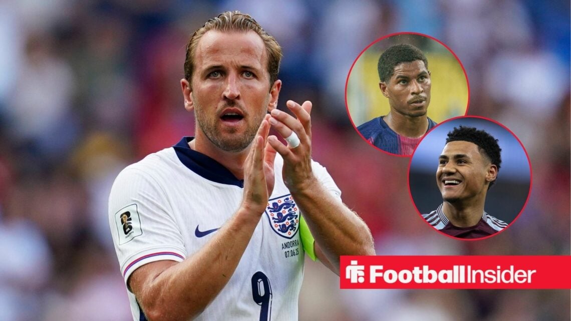 Harry Kane clapping the England fans with inset images of Marcus Rashford and Ollie Watkins to the right.