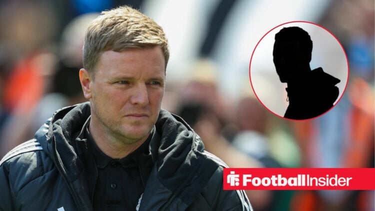 Eddie Howe as Newcastle United manager, Dan Burn's silhouette in a circular inset
