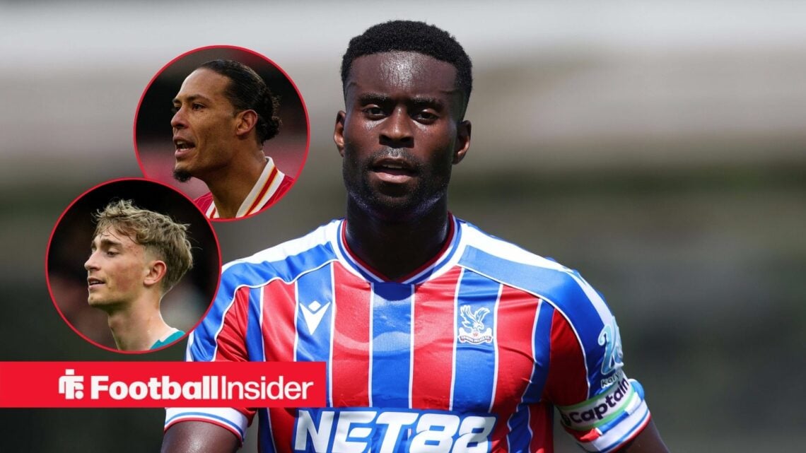 Marc Guehi in a Crystal Palace shirt with Virgil van Dijk and Dean Huijsen to the left as inset images.