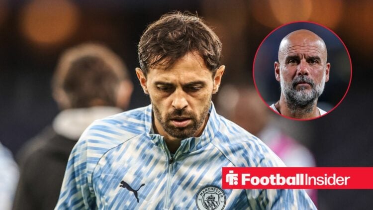 Bernardo Silva in a Manchester City training kit with Pep Guardiola as an inset on the right.