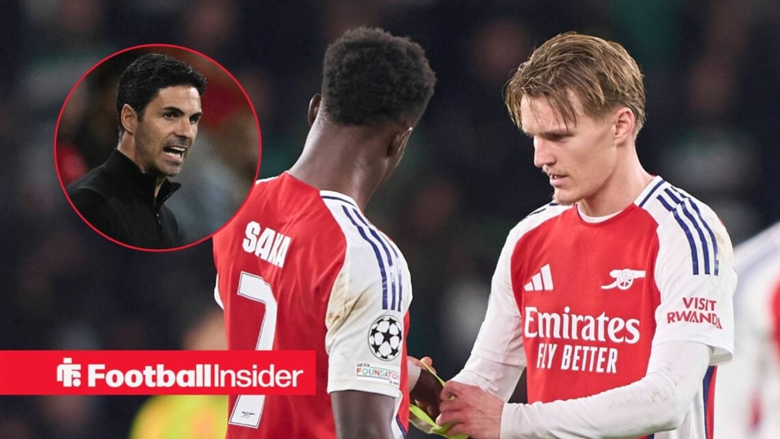 Martin Odegaard gives the captains armband to Bukayo Sake as Mikel Arteta looks on from a circular inset