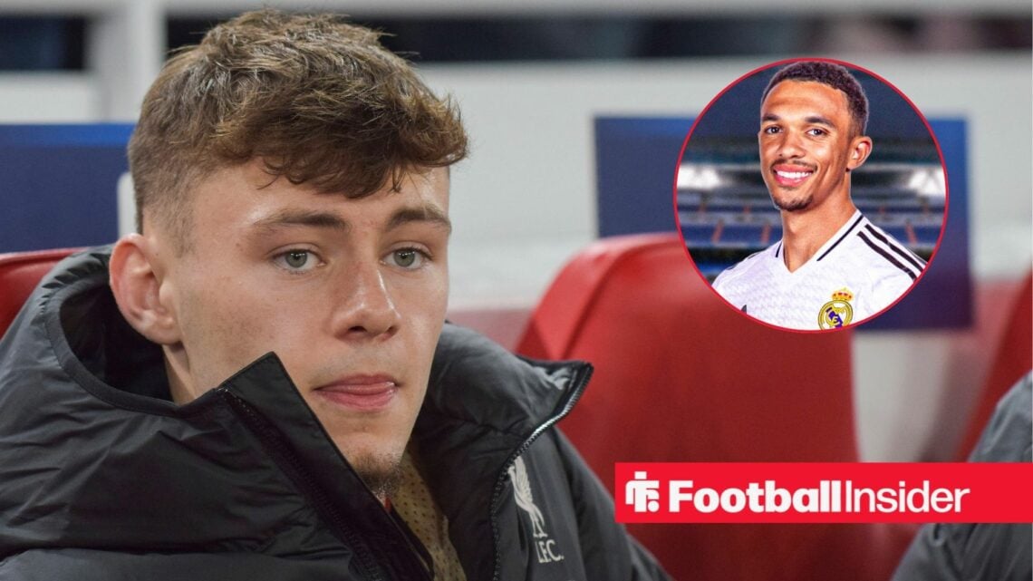 Conor Bradley sat on the Liverpool bench, Trent Alexander-Arnold in a circular inset