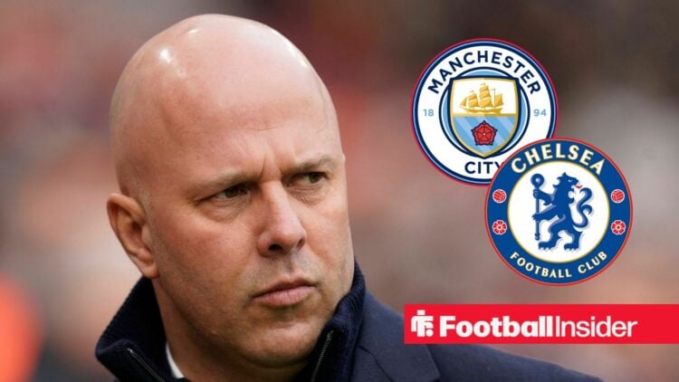 Liverpool manager Arne Slot alongside Man City and Chelsea badges