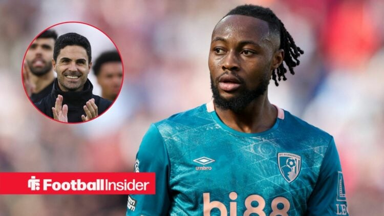 Antoine Semenyo playing for Bournemouth with Mikel Arteta smiling and clapping in the top left as an in-set images