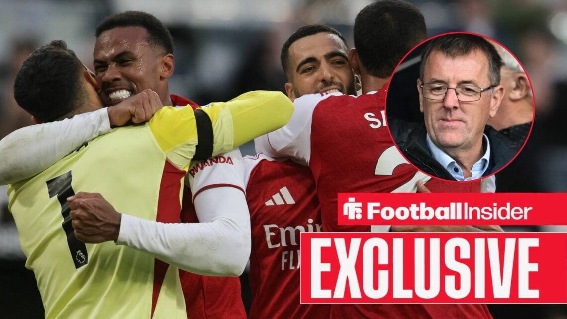 Gabriel and David Raya celebrating Arsenal victory with Matt Le Tissier in a circular inset.