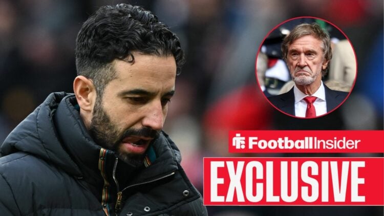 Ruben Amorim hangs his head as Jim Ratcliffe looks on from a circular inset