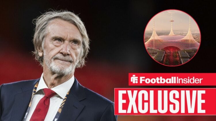 Jim Ratcliffe looks over at the new stadium designs in a circular inset