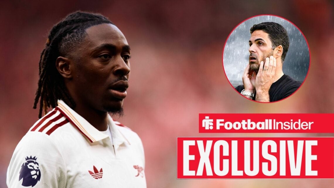 Eberechi Eze in action for Arsenal, Mikel Arteta looking stressed in a circular inset