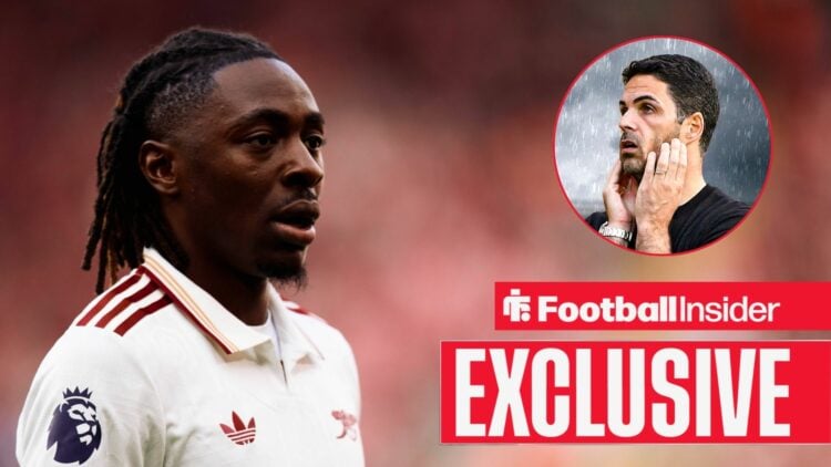 Eberechi Eze in action for Arsenal, Mikel Arteta looking stressed in a circular inset