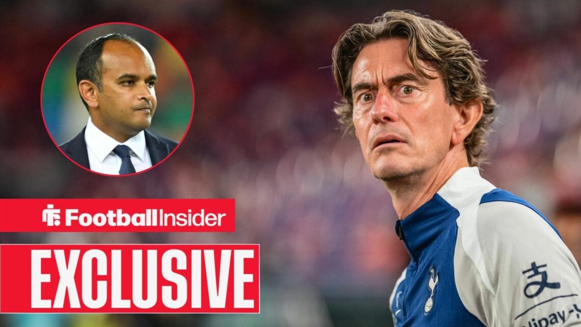 Thomas Frank on the Tottenham touchline, Vinai Venkatesham in a circular inset