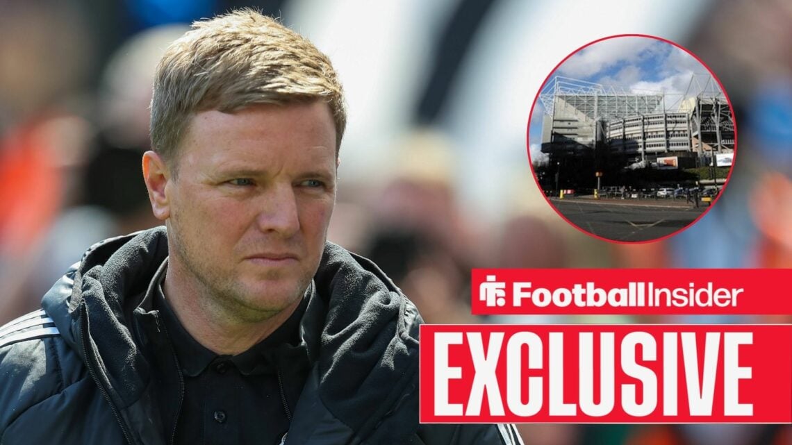 Eddie Howe looks across at St. James' Park in a circular inset