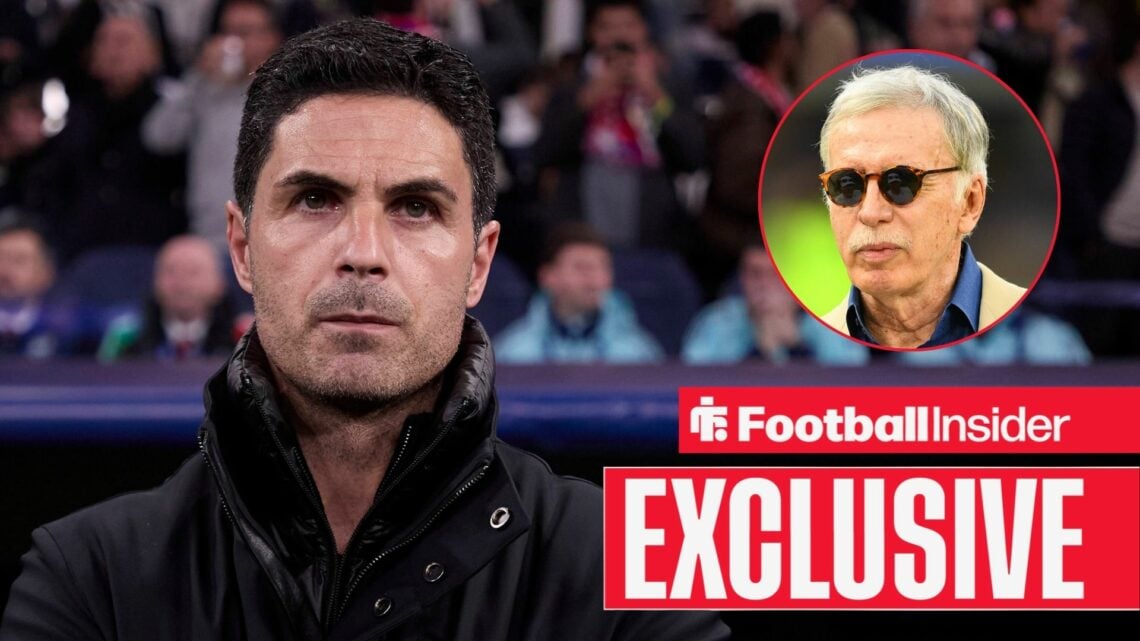 Mikel Arteta on the Arsenal touchline, Stan Kroenke in a circular inset