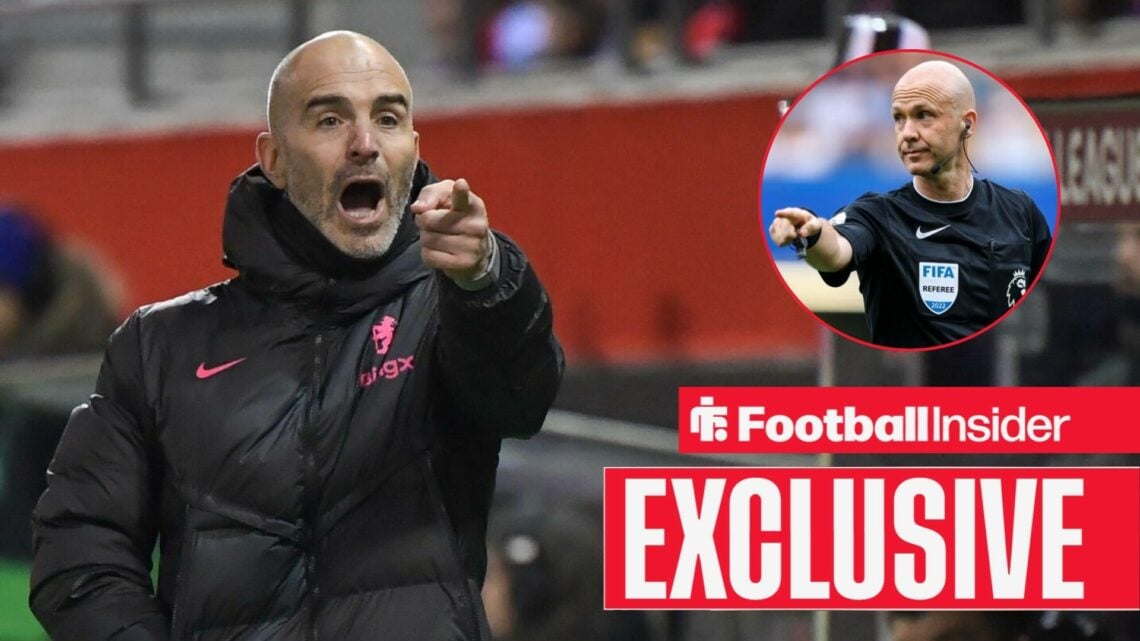 Enzo Maresca points at Anthony Taylor in a circular inset, who himself points back at the Chelsea manager