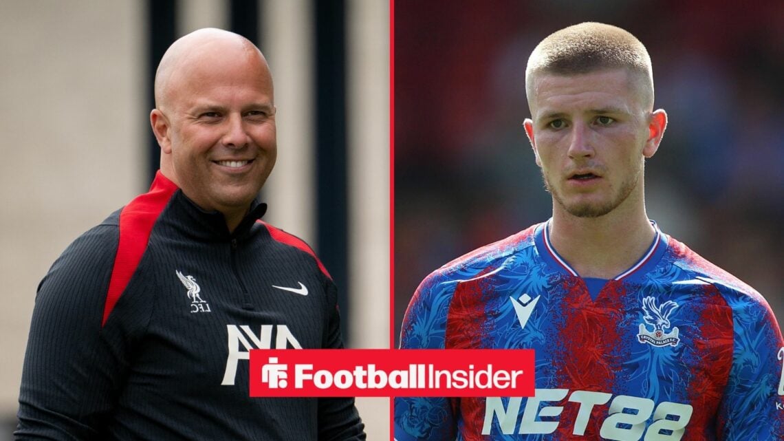Liverpool manager Arne Slot smiling on the left with Adam Wharton looking focused on the right