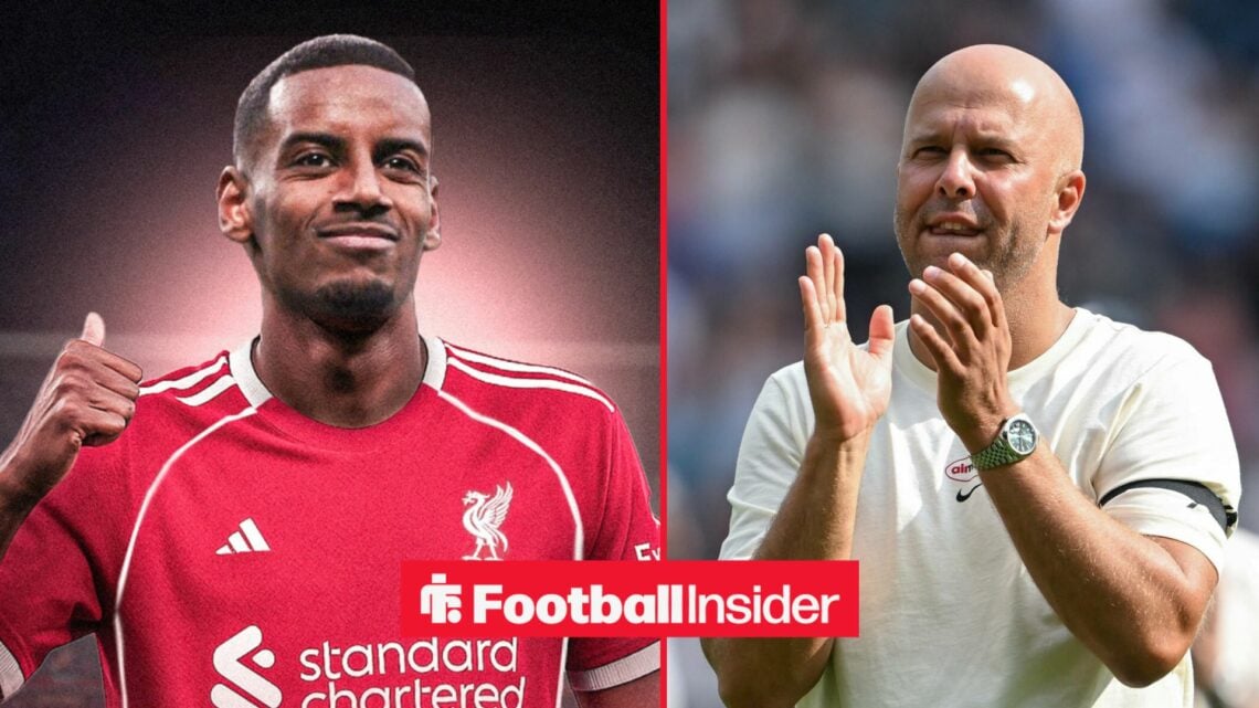 Alexander Isak in a Liverpool home shirt alongside boss Arne Slot in a white tee shirt