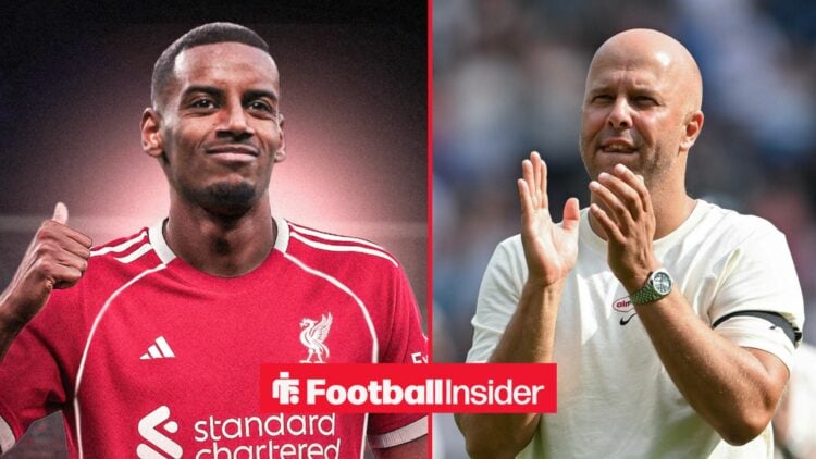 Alexander Isak in a Liverpool home shirt alongside boss Arne Slot in a white tee shirt