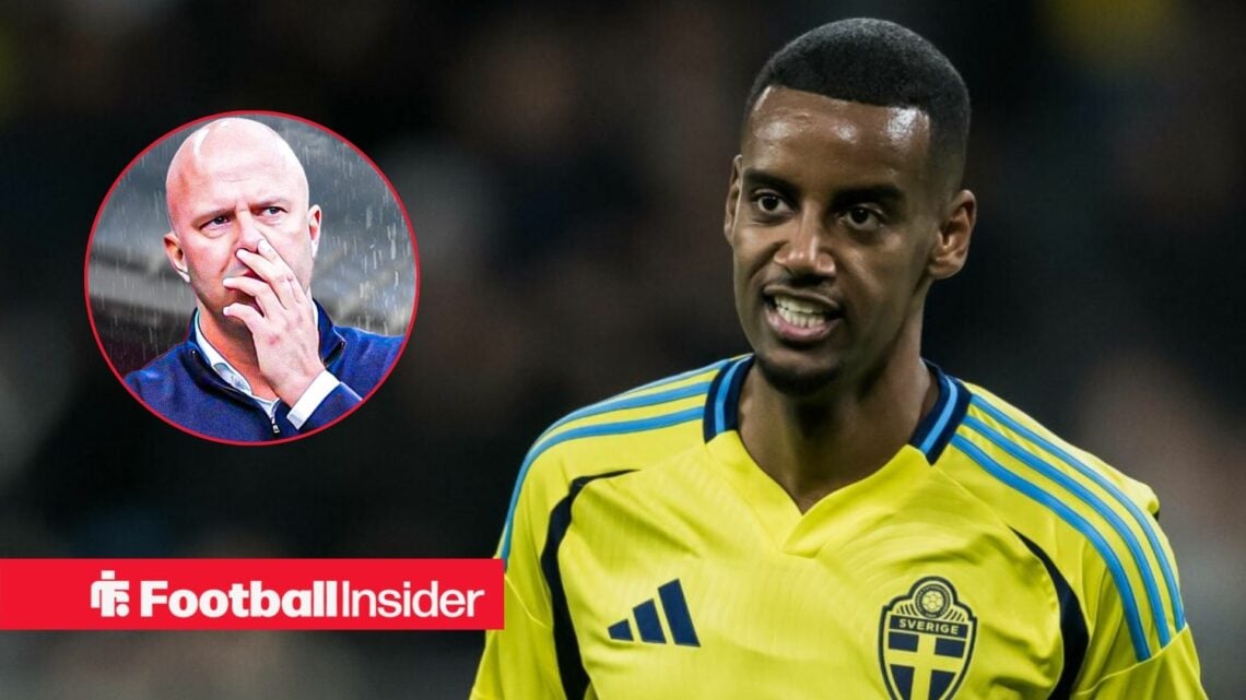 Alexander Isak playing for Sweden with Liverpool manager Arne Slot worried left inset